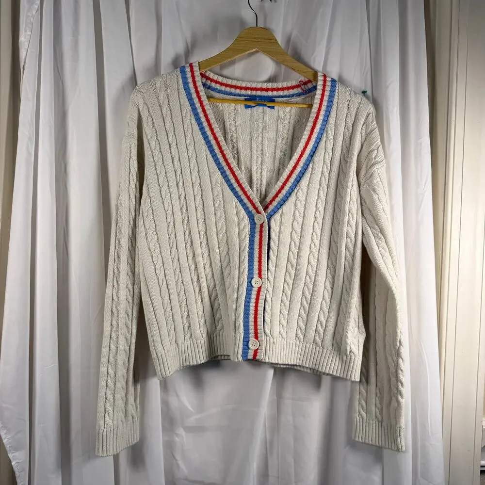 Prince Pickleball Cable Knit Cardigan Med Cream V-Neck Button Front Striped Trim